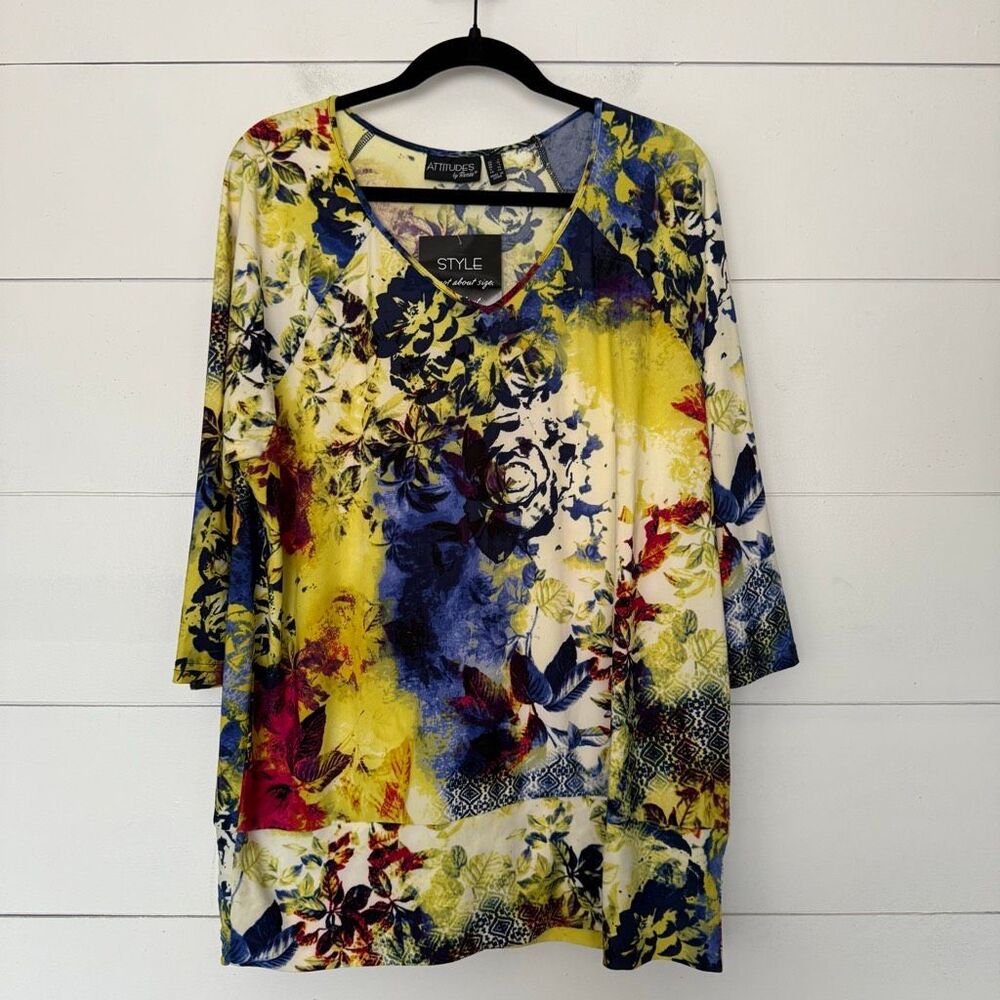 Attitudes by Renee Women’s Large Yellow Patterned Blouse Top New